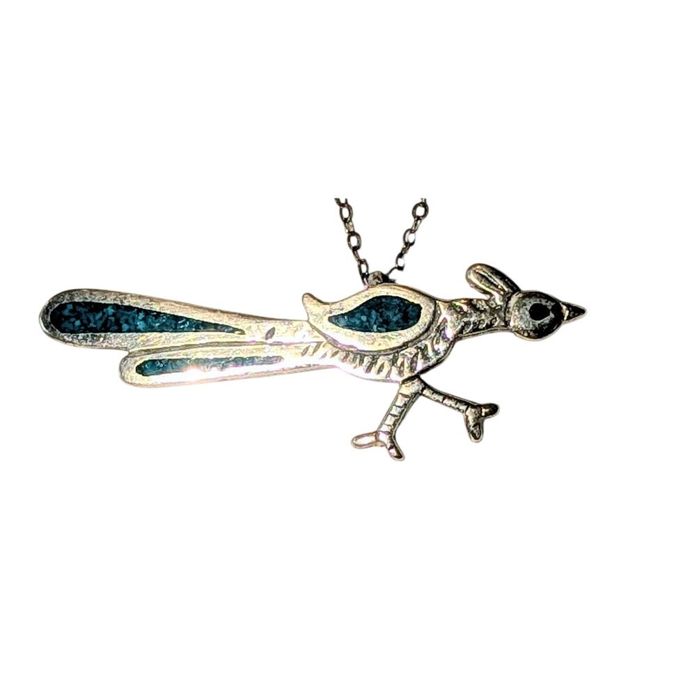 Sterling Silver Roadrunner Pendant Turquoise Inlay 16-In Chain Southwest - Picture 4 of 8